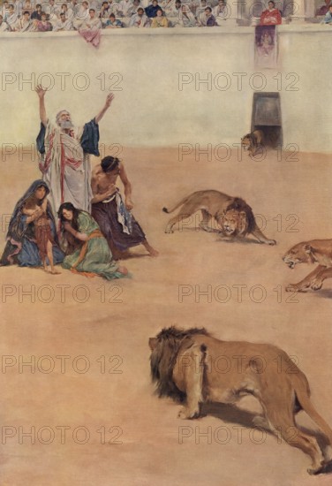 Scene from biblical story, early Christian martyrs in the arena with wild animals, Rome, authentic reproduction of a school mural, historical, around 1900