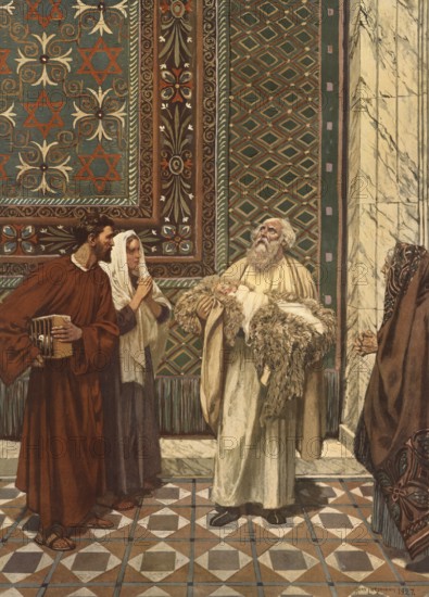 Scene from the biblical story, The Presentation in the Temple, refers to the biblical event in which Mary and Joseph brought the baby Jesus to the Jerusalem Temple 40 days after his birth to consecrate him to God, authentic reproduction of a school mural, historical, around 1900