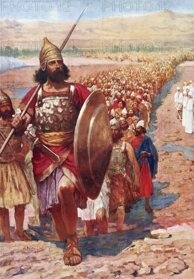 Scene from the biblical story, the crossing of the Jordan River, entry into the Promised Land, baptism of Jesus, authentic reproduction of a school mural, historical, around 1900