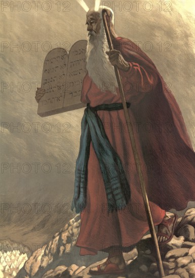 Scene from the biblical story, The Law of the Bible, primarily the Torah, the first five books of Moses, contains over 600 Commandments for the life of the Israelites, including the well-known Ten Commandments that God gave to shape life according to God's will and to regulate living together, authentic reproduction of a school mural, historical, around 1900