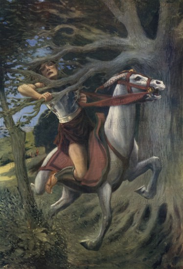 Scene from the biblical story, death of Absalom, the son of King David, occurred after a defeat of his rebel army. He fled, got his long hair caught in a tree (an oak), was found hanging there and was pierced with three spears by David's general Joab, authentic reproduction of a school mural, historical, around 1900