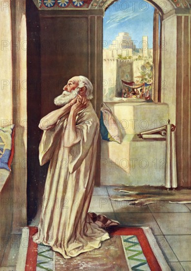 Scene from the biblical story, Daniel's prayer, especially that in chapter 9 of the Bible, is a deep, vicarious confession of guilt and a plea for mercy for his people Israel, who were in exile, authentic reproduction of a school mural, historical, around 1900
