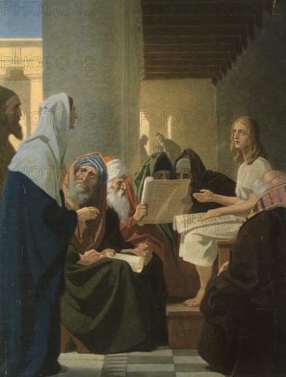 Scene from the biblical story, The story of Jesus as a twelve-year-old in the temple is the only biblical tradition from his youth, authentic reproduction of a school mural, historical, around 1900