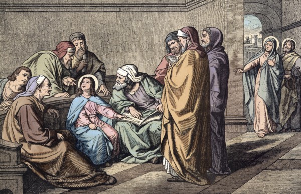 Scene from the biblical story, The story of Jesus as a twelve-year-old in the temple is the only biblical tradition from his youth, authentic reproduction of a school mural, historical, around 1900