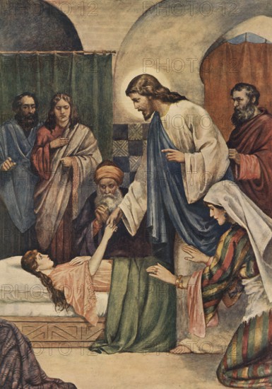 Scene from the biblical story, The Raising of the Daughter of Jairus is a well-known miracle of Jesus in which the synagogue leader Jairus asked Jesus for help because his 12-year-old daughter was dying, authentic reproduction of a school wall painting, historical, around 1900