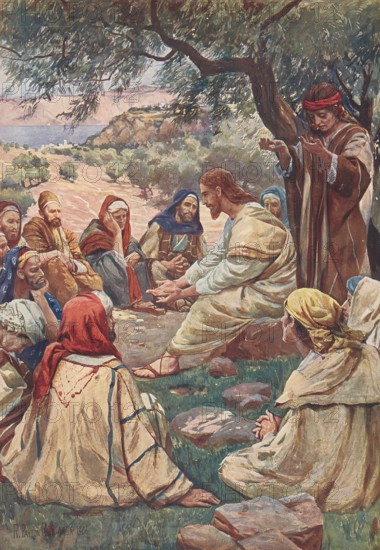 Scene from the biblical story, Jesus taught his disciples to pray by giving them the Lord's Prayer as a model, authentic reproduction of a school mural, historical, around 1900