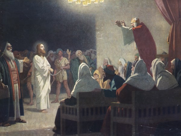 Scene from the biblical story, The Interrogation of Jesus by the High Priest, authentic reproduction of a school mural, historical, around 1900