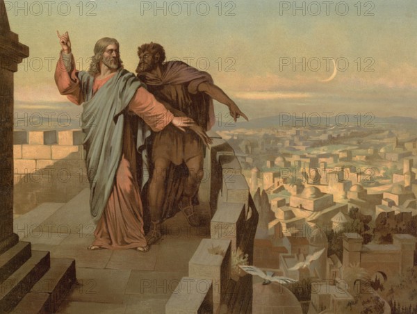 Scene from the biblical story, The Temptation of Jesus by the Devil, authentic reproduction of a school mural, historical, around 1900