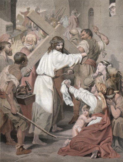 Scene from the biblical story, Jesus on his way to Golgotha, The Passion of Christ, Via Dolorosa, from Jerusalem to Calvary, authentic reproduction of a school mural, historical, around 1900
