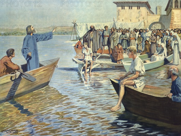 Scene from the biblical story, Jesus preaching at the lake, authentic reproduction of a school mural, historical, around 1900