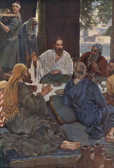 Scene from the biblical story, Jesus as a guest in the house of a Pharisee, authentic reproduction of a school mural, historical, around 1900