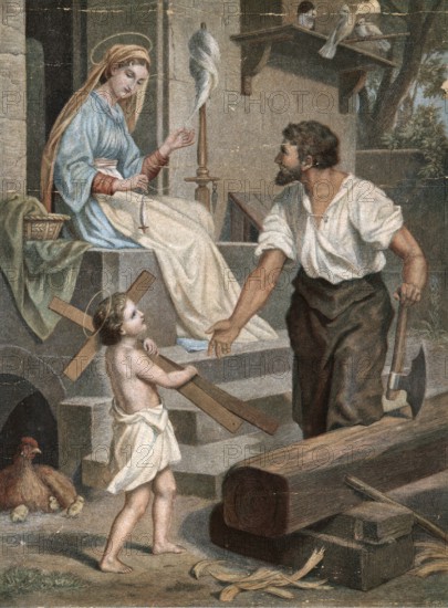 Scene from the biblical story, The Family of Jesus in Nazareth with his father as a carpenter, authentic reproduction of a school mural, historical, around 1900