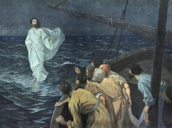 Scene from the biblical story, Jesus walking across water, authentic reproduction of a school mural, historical, around 1900