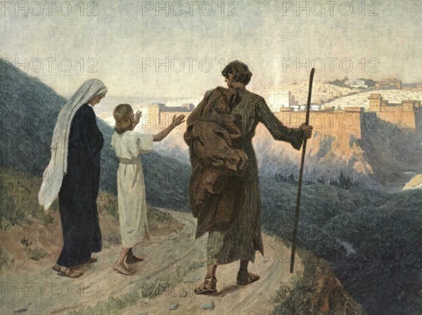 Scene from the biblical story, Jesus' parents, Mary and Joseph, traveling with the 12-year-old Jesus to Jerusalem for Passover, as prescribed by Jewish tradition, authentic reproduction of a school mural, historical, around 1900