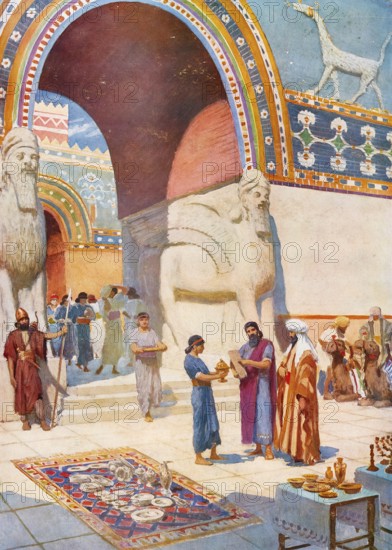 Scene from the biblical story, The Jews leave Babylon after the Babylonian Exile, a period in which they were exiled there by the Neo-Babylonian Empire after Jerusalem was conquered in 586 BC, authentic reproduction of a school mural, historical, around 1900