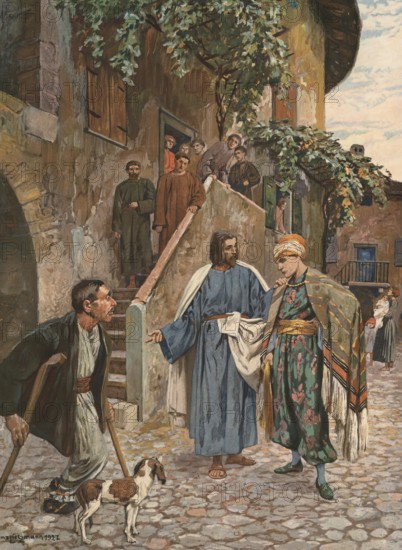 Scene from the biblical story, Jesus and the rich young man, authentic reproduction of a school mural, historical, around 1900