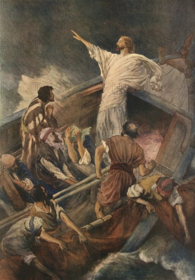 Scene from the biblical story, The story of Jesus sleeping on the Sea of Galilee during a storm is a well-known biblical event, here he ends the storm, authentic reproduction of a school mural, historical, around 1900