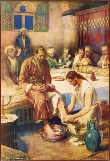 Scene from the biblical story, Jesus washing the feet of his disciples or The washing of feet, authentic reproduction of a school mural, historical, around 1900