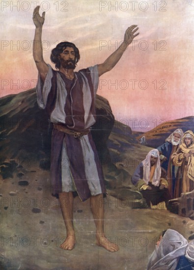 Scene from the biblical story, John the Baptist, a Jewish prophet and preacher of repentance who is considered the forerunner of Jesus Christ, authentic reproduction of a school mural, historical, around 1900