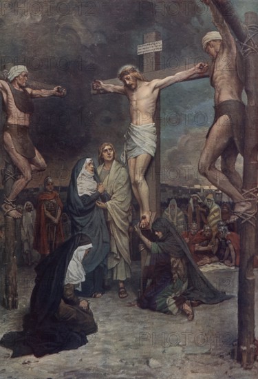Scene from the biblical story, Jesus Christ on the cross, authentic reproduction of a school mural, historical, around 1900