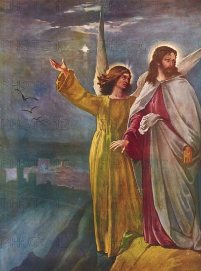 Scene from the biblical story, The Temptation of Jesus by the Devil in the Desert, authentic reproduction of a school mural, historical, around 1900