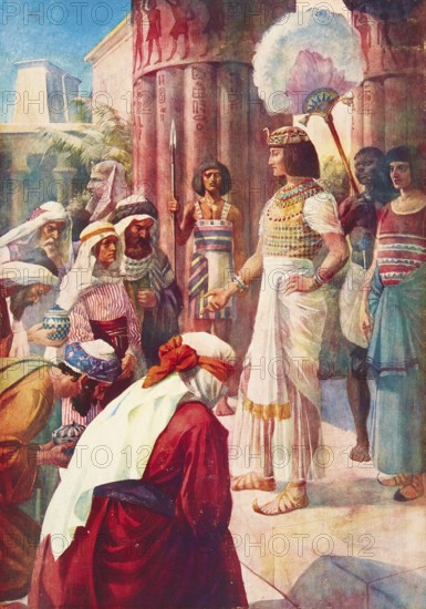 Scene from the biblical story, Joseph and his brothers, authentic reproduction of a school mural, historical, around 1900