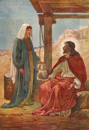 Scene from the biblical story, Jesus at the well, biblical story in which Jesus wearily meets a Samaritan woman at Jacob's Well and offers her the living water of eternal life, authentic reproduction of a school mural, historical, around 1900