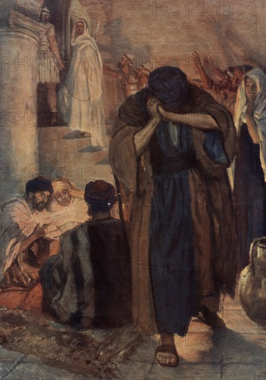 Scene from the biblical story, Jesus and Peter had a central relationship. Jesus called the fisherman Peter, who became one of his most important disciples and recognized him as the Messiah, authentic reproduction of a school mural, historical, around 1900