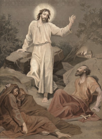 Scene from the biblical story, The Garden of Gethsemane is the biblical place at the foot of the Mount of Olives in Jerusalem, where Jesus Christ spent his last night in freedom, authentic reproduction of a school mural, historic, around 1900