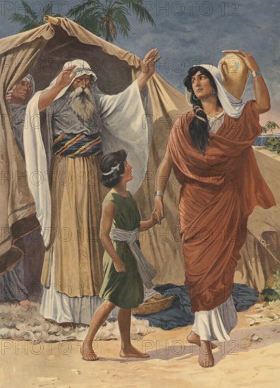 Scene from the biblical story, Hagar and Ishmael are central figures in the Bible, where Hagar, the Egyptian maid of Sarah, gives birth to Abraham a son: Ishmael, Abraham's first-born son and progenitor of the Ishmaelites, who is later considered the progenitor of the Arabs, authentic reproduction of a school mural, historical, around 1900