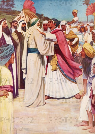 Scene from the biblical story, The meeting of Jacob and Joseph is a central event in the Bible, in which the separated father and son meet again after more than 27 years in Egypt (Land of Goshen), authentic reproduction of a school mural, historical, around 1900