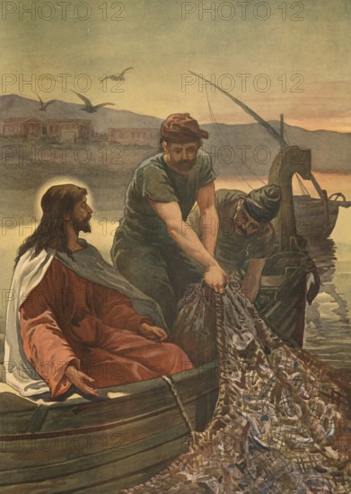 Scene from the biblical story, The First Fish Train refers to a biblical story in the New Testament in which Jesus calls the first disciples, authentic reproduction of a school mural, historical, around 1900