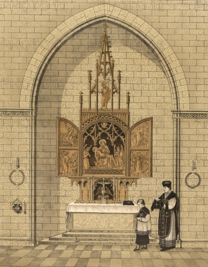 Scene from the biblical story, Gothic altar, a winged altar or altarpiece in Gothic style, often made of wood, richly carved and painted, with a central cry, wings and a predella, typical of late medieval German and Central European church art, authentic reproduction of a school mural, historical, around 1900