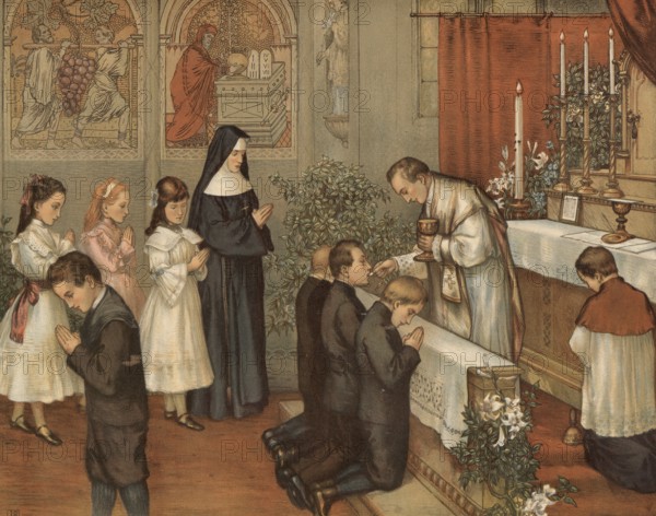 Scene from the biblical story, First Communion or First Holy Communion, a festive Catholic ceremony in which children receive the sacrament of the Eucharist for the first time, bread and wine as the body and blood of Christ, authentic reproduction of a school wall painting, historical, around 1900