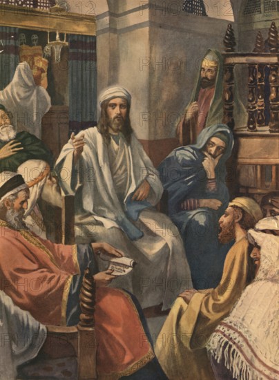 Scene from the biblical story, Jesus in the synagogue of Nazareth, authentic reproduction of a school mural, historical, around 1900
