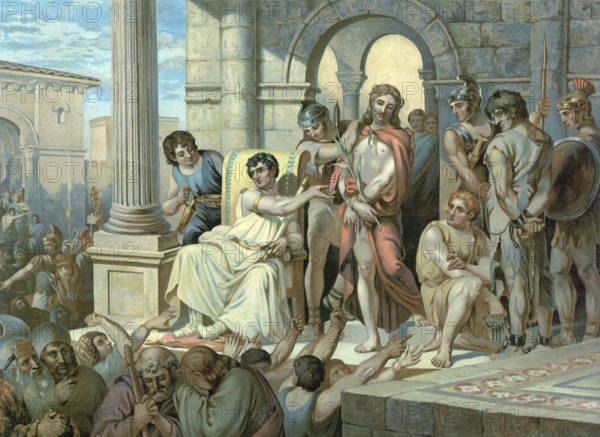 Scene from the biblical story, Jesus in front of Pilate, describes how the chief priests hand Jesus over to the Roman governor Pontius Pilate, accuse him of incitement, tax refusal and the claim to be king of the Jews, authentic reproduction of a school mural, historical, around 1900