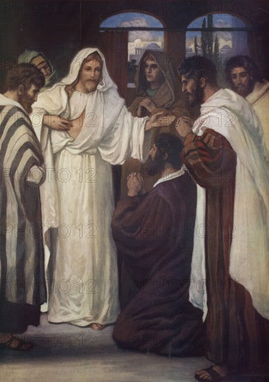 Scene from the biblical story, Jesus and the Apostle Thomas are central figures in the New Testament, with Thomas becoming known primarily for his initial skepticism after the resurrection of Jesus, authentic reproduction of a school mural, historical, around 1900