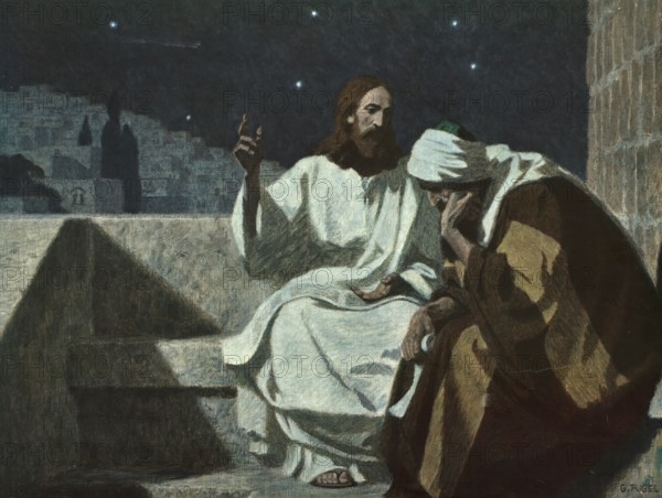 Scene from the biblical story, The encounter between Jesus and Nicodemus is one of the central stories of the New Testament, authentic reproduction of a school mural, historical, around 1900