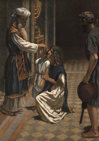 Scene from the biblical story, The story of Anna and her son Samuel with the priest Eli is a central narrative in the Old Testament. It describes the fulfillment of a promise and the calling of an important prophet, authentic reproduction of a school mural, historical, around 1900