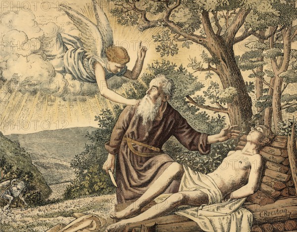 Scene from the biblical story, Isaac's sacrifice, as Abraham tied up his son Isaac but did not kill him, but an angel stopped him at the last moment and a ram was sacrificed instead, authentic reproduction of a school wall painting, historical, around 1900