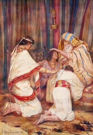 Scene from the biblical story, Jacob's blessing for Joseph's sons, Manasseh and Ephraim, is an important biblical story, authentic reproduction of a school mural, historical, around 1900
