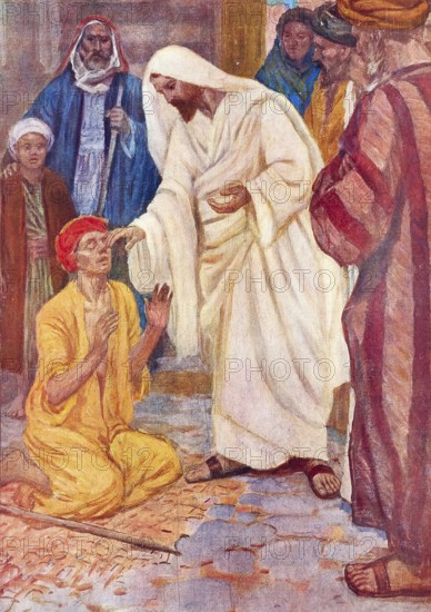 Scene from the biblical story, Jesus healing a blind man, authentic reproduction of a school mural, historical, around 1900
