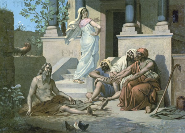 Scene from the biblical story, Job's patience is tested, authentic reproduction of a school mural, historical, around 1900