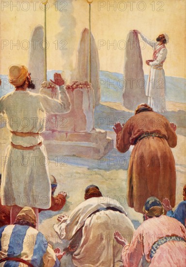 Scene from the biblical story, Israel serves Baal, mostly refers to the pagan cults of the Canaanite god Baal, which are described in the Bible as turning away from God Yahweh, authentic reproduction of a school mural, historical, around 1900