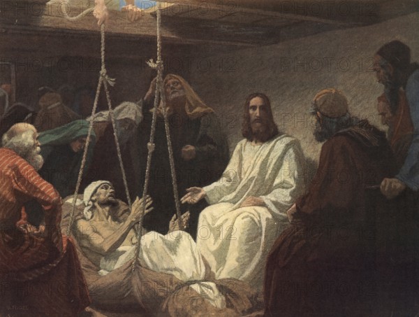 Scene from the biblical story, Jesus healing a crippled person, authentic reproduction of a school mural, historical, around 1900