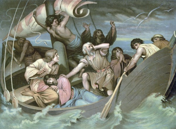 Scene from the biblical story, The story of Jesus sleeping on the Sea of Galilee during a storm is a well-known biblical event, authentic reproduction of a school mural, historical, around 1900