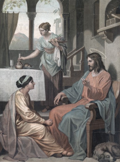 Scene from the biblical story, story of Jesus with Lazarus, biblical story, Lazarus, the brother of Mary and Martha, falls ill and dies, whereupon Jesus awakens him from the grave after four days, authentic reproduction of a school wall painting, historical, around 1900