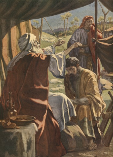 Scene from the biblical story, Jacob receives the blessing, a central biblical story from Genesis chapter 27, in which Jacob's mother Rebecca causes him to pretend to be his twin brother Esau in order to obtain the first-born blessing from his blind father Isaac, authentic reproduction of a school mural, historical, around 1900