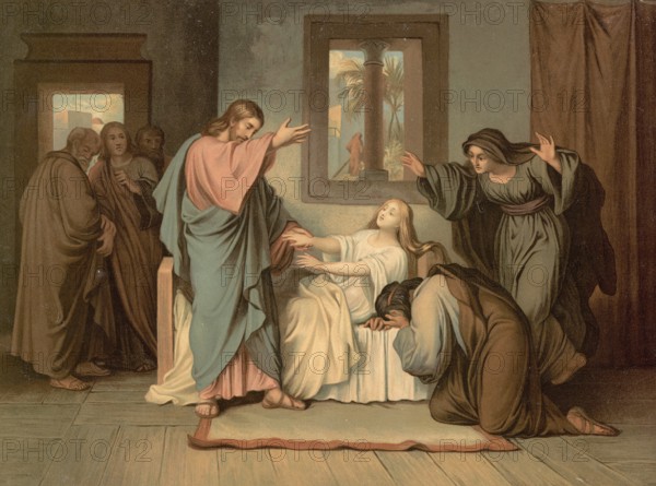 Scene from the biblical story, The Raising of the Daughter of Jairus is a well-known miracle of Jesus in which the synagogue leader Jairus asked Jesus for help because his 12-year-old daughter was dying, authentic reproduction of a school wall painting, historical, around 1900