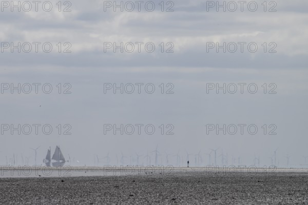 Lonely mudflats scene with wind turbines and sailing ships in the distance, grey landscape with wind turbines and boats in the cloudy sky and lonely mudflat walkers in the haze, Oosterend, Noord-Holland, the Netherlands